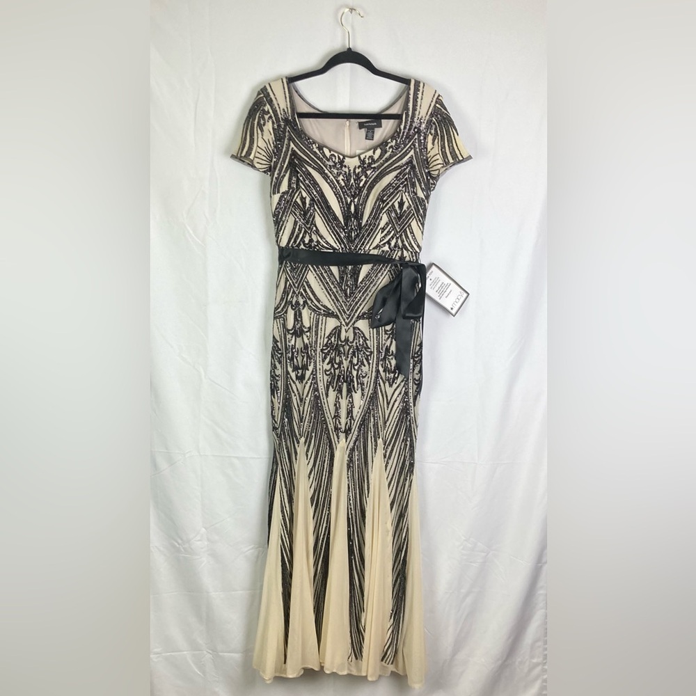 R&M Richards Black Champagne Sequin Short Sleeve Belted Evening Gown Size 6
